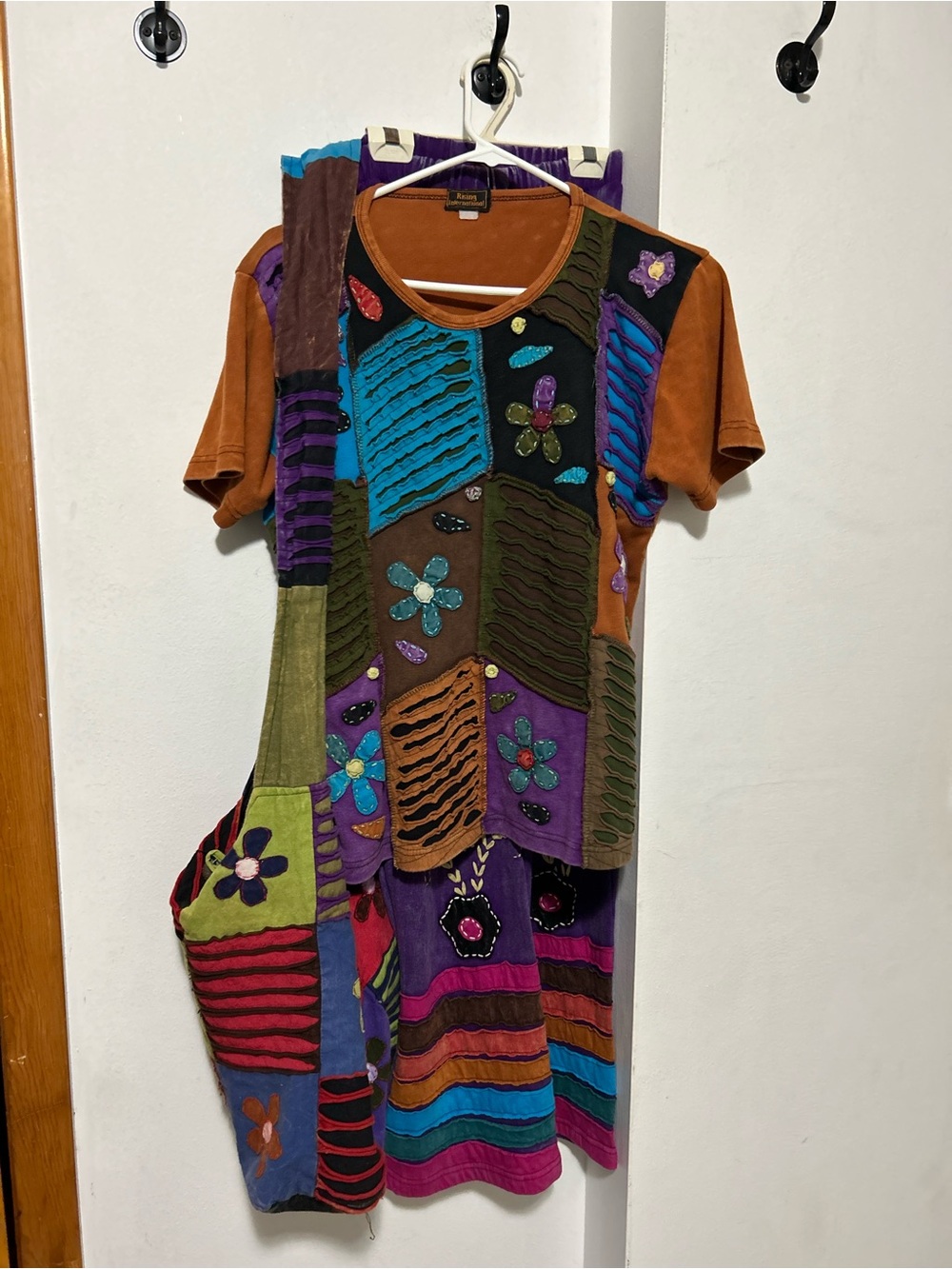 Rising International Multicolor Patchwork Midi Dress with Floral Appliqués